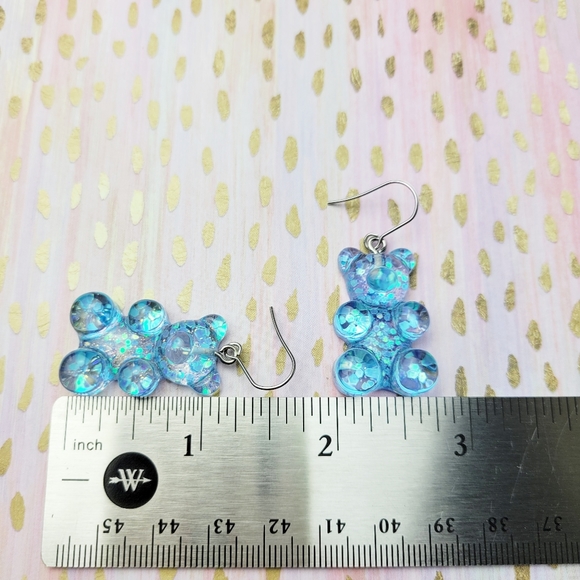 New Blue Confetti Teddy Bear Sparkle Candy Gum Drop Gummy Bear Earrings - Picture 5 of 6